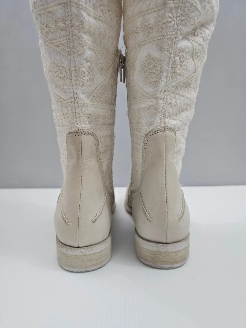 Free People Bren Knee High Boot Womens EU 38 Cream Embroidered Slouchy Boho